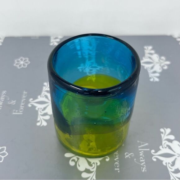 Handblown  Blue and Green Glass Shot Glass or Tea Light Candle Holder - Picture 2 of 6